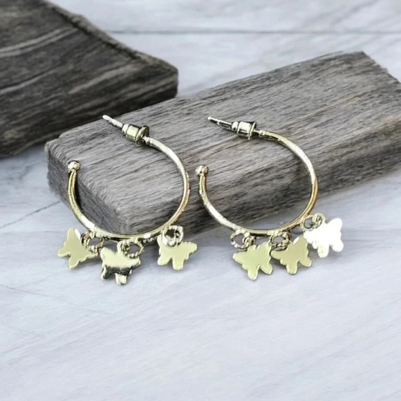 Silver Plated Dangle Butterfly Hoop Earrings - Picture 4 of 4